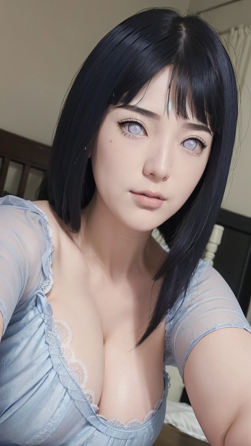 masterpiece, hinata\(boruto\), 1girl, mature women, (((light blue cotton lace nightgown))), (((selfie))), (((Close-up photo))), (((cleavage))), (((Closed Clothing))), (((big breasts))), (((big round breasts))), (((round breasts))), (((extremely heavy breasts))), (((Colossal tits))), (((heavy breasts))), (((plump breasts))), (((perfect breasts))), (shy face), detailed lips, beautiful face, blush, (pink lips), (((long hair))), white eyes, gentle gaze, smile, super realistic, detailed, realistic face and body, realistic hair, realistic eyes, realistic nose, realistic lips, seductive pose, (((straight bangs))), (dark blue hair), 28 year old girl