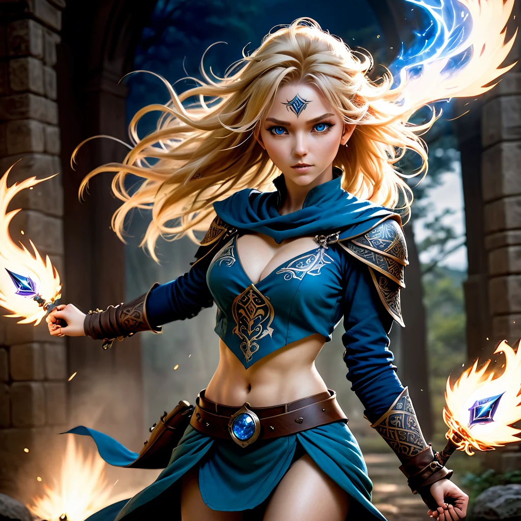 (1 female:1.5), solo, wearing gambeson, ((rune tattoos)), ((Face tribel-tattoos)), fullbody-image, attacking viewer with fists, detailed elf druid girl,  slim body, (smirk:1.1), (nose blush:1.1), (big blue eyes:1.1), (blond hair:1.1), beautiful detailed face, messy hair, (hairstyle:sitecut), cinematic lighting, shot on canon 5d, Greg Rutkowski, Yoji Shinkawa:0.6,