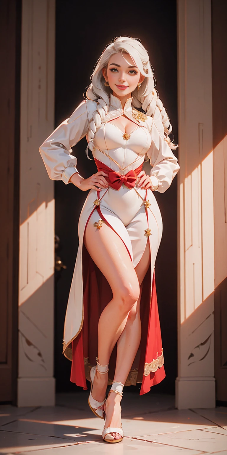 (masterpiece, best quality), intricate details, 1girl, Bridesmaid Muscular full body woman White hair White braid Motherly body smile Porcelain skin Red heels with feet together Long hair Hands on waist Navel Strong abs Direct look Perfect lighting Masterpiece High quality