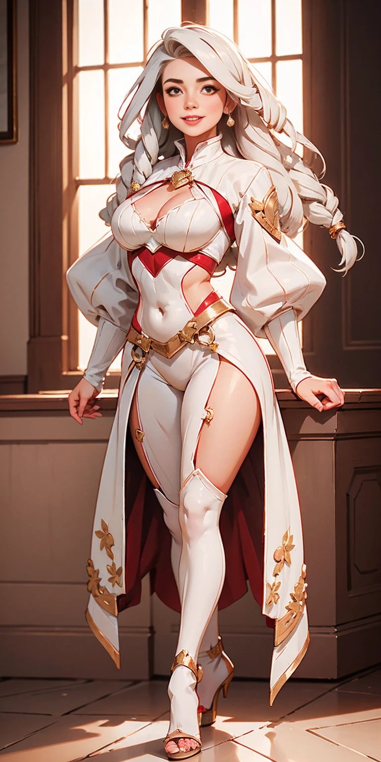 (masterpiece, best quality), intricate details, 1girl, Bridesmaid Muscular full body woman White hair White braid Motherly body smile Porcelain skin Red heels with feet together Long hair Hands on waist Navel Strong abs Direct look Perfect lighting Masterpiece High quality
