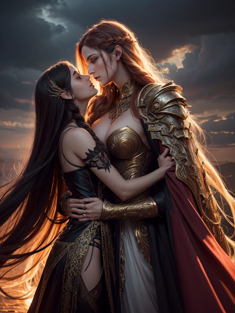 Ultra-realistic image of Lilith embracing a majestic god, set against a background that blends elements of both heaven and hell. Lilith has long, flowing hair with intricate braids, wearing an ethereal gown with dark and light elements intertwined. The god has a radiant aura, with celestial armor adorned with glowing runes. The background features a sky split between a serene, golden light and stormy, crimson clouds. On one side, heavenly gates and angels are visible, while on the other, infernal landscapes and demonic figures lurk. Their expressions are intense, showcasing deep passion and connection, with subtle touches of tenderness and defiance in their eyes. Detailed textures highlight the complexity of their attire and the dramatic environment.