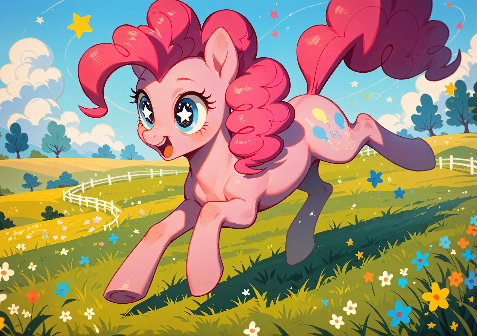 score_9, score_8_up, score_7_up, adorable pony, pinkie pie,star shaped eyes,straight hair,1pink bow on hair,running on grass