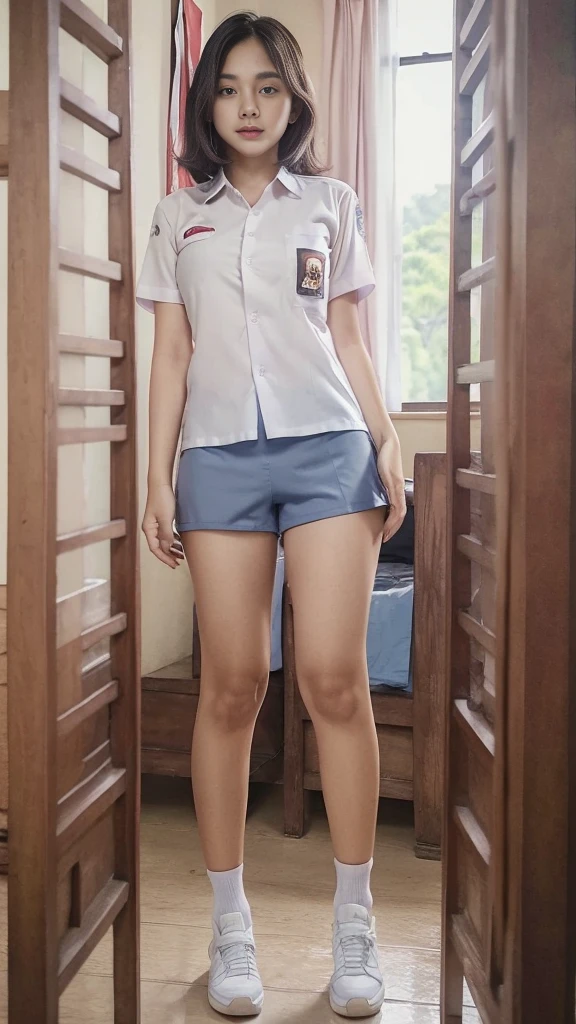 (pp clothes), (realistic), ((8k)), (masterpiece), ultra realistic, girl showing her panty, show underwear, standing, open legs, view to front, view to camera, wear tight short pants, Indonesian face, wearing uniform shirt, bedroom situation, view from front.