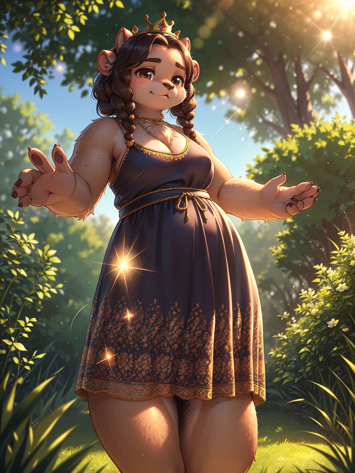 Bokeh , 1 hairy mature otter girl , Short stature , curvy , hige , realistic hairy fur , Round face, swollen cheeks, moist round eyes , Crown Braid , hair ties , (transparent relax see-through summer dress:0.9) , in the grass garden , sunlight , (flare:1.2) , (body line is visible:1.2), (Accurate light transmission calculations:1.5) , model action