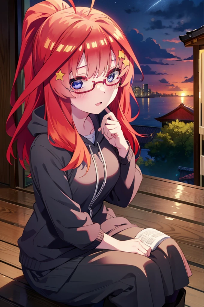 itsukinakano, itsuki nakano, bangs, blue eyes, Hair between the eyes, Ahoge, Redhead, star \(symbol\), hair ornaments, star hair ornaments,smile,blush,Open your mouth,ponytail,Red-rimmed glasses,Oversized red hoodie,Long skirt,Black pantyhose,boots,Hiding in a roofed building,Sitting on the steps of a roofed building,rain,night,cloudy,whole bodyがイラストに入るように,
break indoors, Alley,
break looking at viewer, whole body,
break (masterpiece:1.2), Highest quality, High resolution, unity 8k wallpaper, (figure:0.8), (Beautiful attention to detail:1.6), Highly detailed face, Perfect lighting, Highly detailed CG, (Perfect hands, Perfect Anatomy),