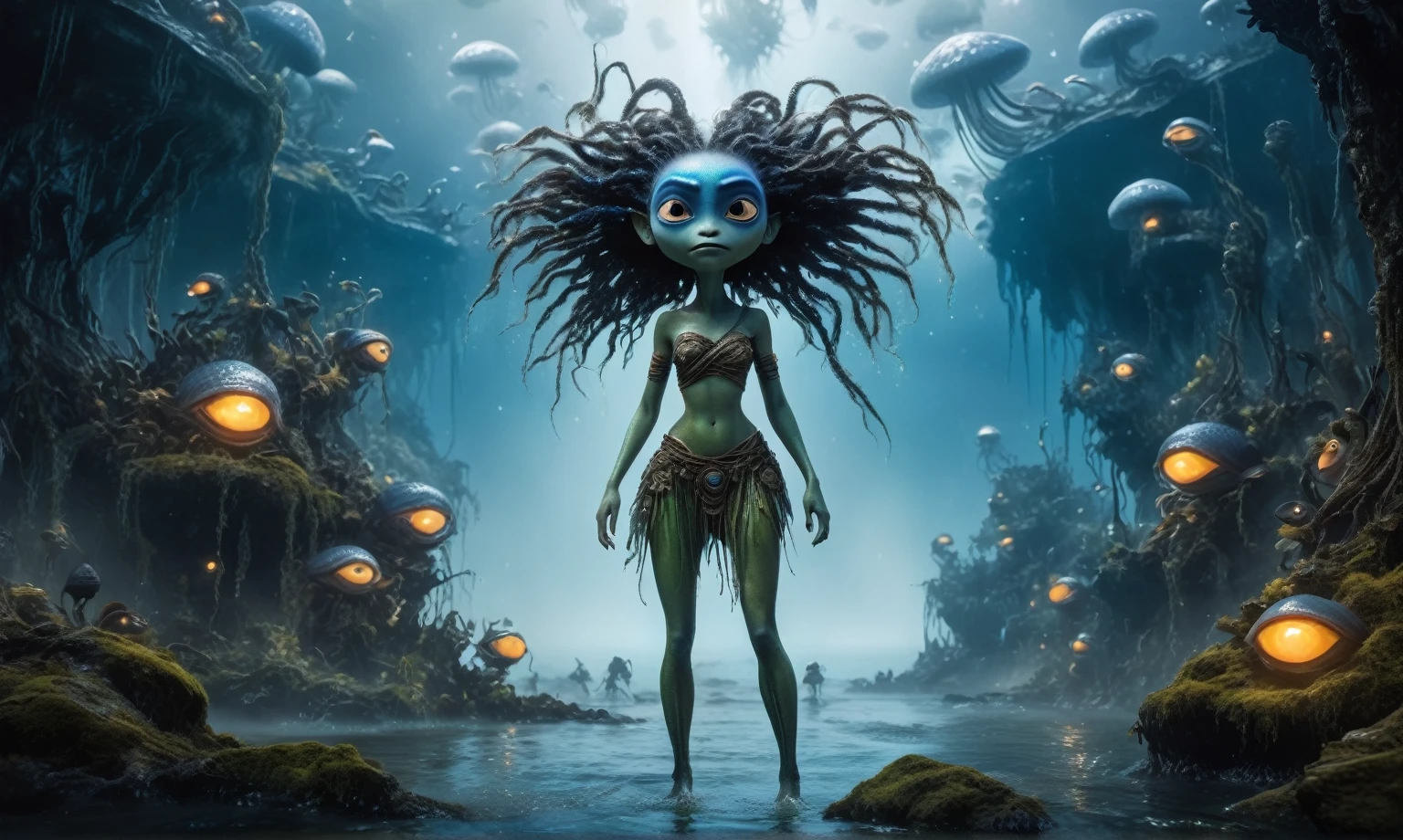 view from height,full-body-shot,obsidian The Alien Entity Moana, sassiness temper,natural jellyfish's skin textures, hyper realisitc, hyper detailed,Extremely detailed,High contrast, ,Realistic,Ultra Detailed,intricate details,realistic humid skin,extremely intricate,Epic Realistic, Romantic, cinematic style,irina yermolova, messy hair,extremely detailed, ,masterpiece,intricate details,faded,eyes extremely detailed, high detailed eyes,32k resolution, Nikon Z9,orc's village of fishers,National Forest Park,full body length,mother-of-marble,ominous landscape,floating islands on background in dangerous atmosphere,intricate details,realistic humid skin,extremely intricate details,anatomically correct,faded,eyes extremely detailed, high detailed eyes,UHD,Retina,HDR,natural skin textures, hyper realism, hyper detailed,High contrast,Realism,Ultra Detailed,irina yermolova,close full body shot, masterpiece,faded,32k resolution, Nikon Z9,sunset, a Tim Burton-inspired dreamscape,Bun Hair,(Folk clothes:1.5),full body length,niobium goblin,native africa xenomorph,once pretty face,eyebrow up,full body shot,ominous landscape,niobium gray atmosphere,photo,photorealism,Masterpiece,hyper natural skin textures, hyper realism,hyper detailed,High contrast,Realism,Ultra Detailed,irina yermolova,close full body shot,32K resolution,Nikon Z9, ,demonic, fog, smoke, audience, mist, featuring ultra-realistic and hyper-realistic elements, Marta Bevacqua, Ellen Jewett, Kawacy, Katsuya Terada, Carne Griffiths,concert lighting, bokeh, luminal space that feels both bright and surreal. Includes liquid fluid elements for added depth and movement. Rendered in an unreal engine and post-processed to achieve . Evokes a sense of dreamy, ethereal and mystical mood,horror pixar movie still,thriller disney movie ,pixar render, animated ,indoor psychiatric clinic