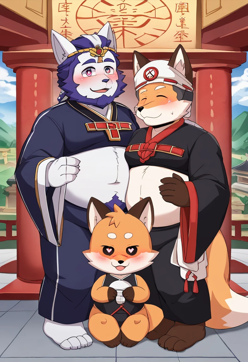 New Jersey 5 Hairy, fox,Full body portrait of an individual, middle aged male,exquisite,round face, chubby,beard,drunkard,blush,thick arms,Orange plush fur,temple,Taoist temple,Cloud,shrouded in mist,,Full set of Xian Xia clothing,Cultivation,Xian Xia Heart-shaped eyes touching own self