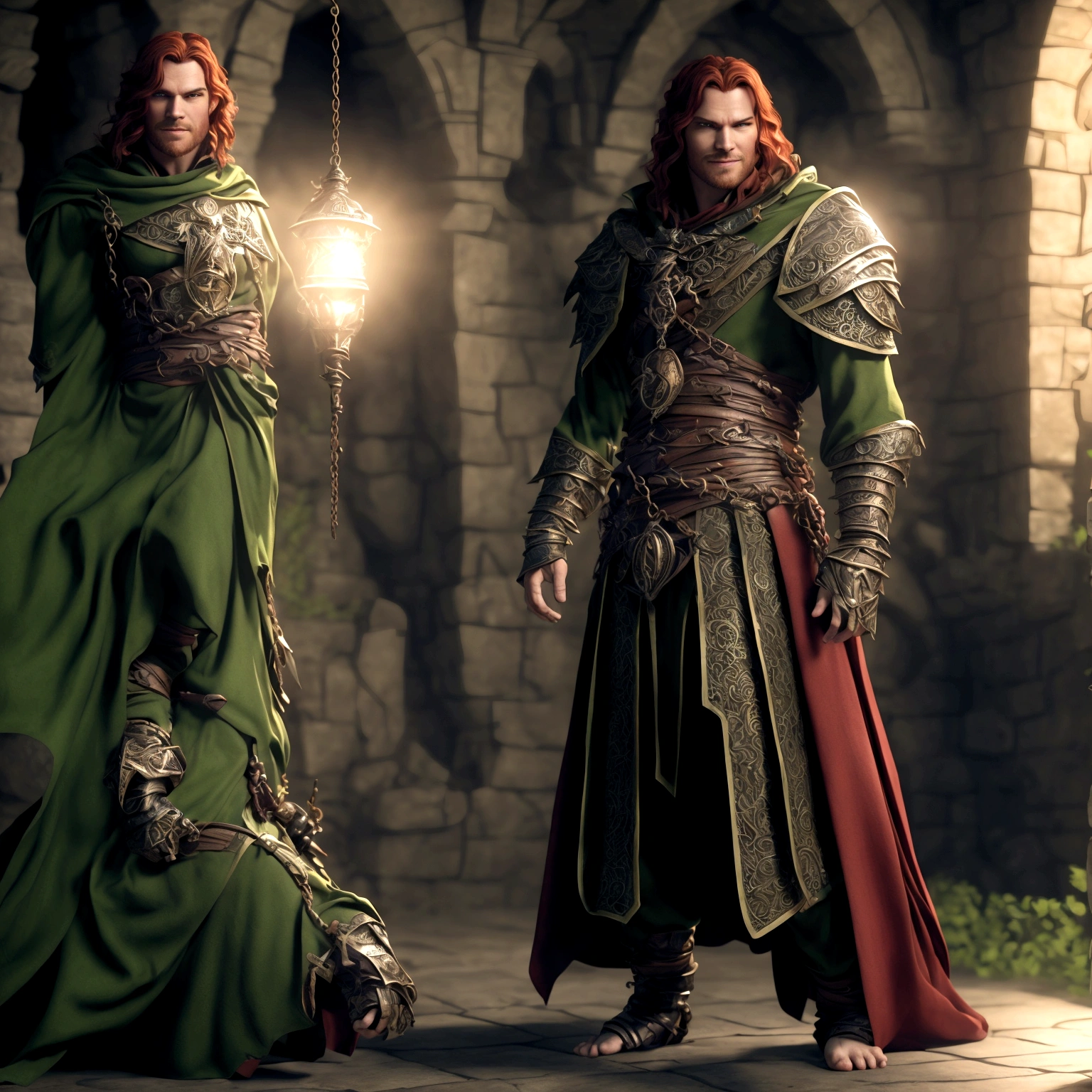 Strong and robust man, medium red hair, green eyes, chain mail, green earrings, sun amulet, cleric's robe, relaxed smile, relaxed pose, "Design inspired by the fantasy world of D&D, with dramatic and impressive lighting, full of creative details. Ultra-fine 3D design, presenting magical and intricate scenery, incredible scenery. Boasting clarity of Animation resolution, HD graphics, high-quality rendering, high-octane rendering"