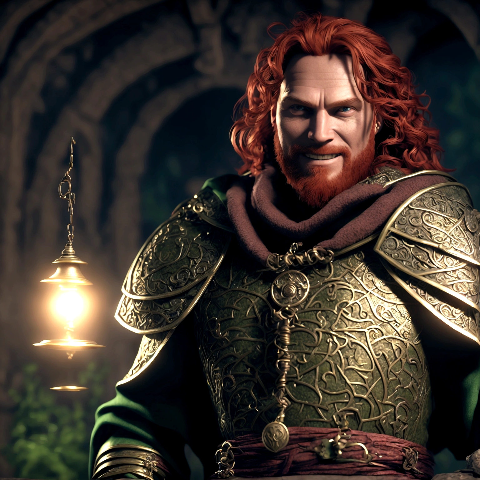 Strong and robust man, medium red hair, green eyes, chain mail, green earrings, sun amulet, cleric's robe, relaxed smile, relaxed pose, "Design inspired by the fantasy world of D&D, with dramatic and impressive lighting, full of creative details. Ultra-fine 3D design, presenting magical and intricate scenery, incredible scenery. Boasting clarity of Animation resolution, HD graphics, high-quality rendering, high-octane rendering"