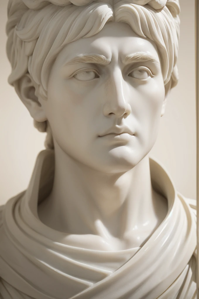 a stoic man sculpted in white marble stoic and detailed face espiritual peaceful highly detail jawline close up