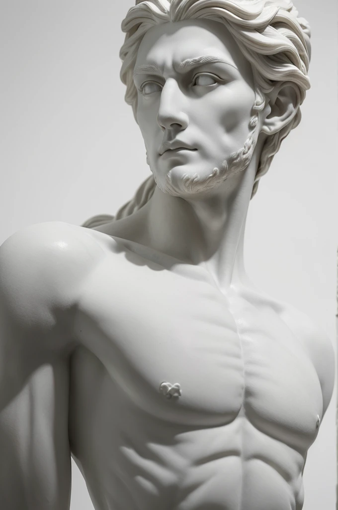 a stoic man sculpted in white marble stoic and detailed face espiritual peaceful highly detail jawline close up