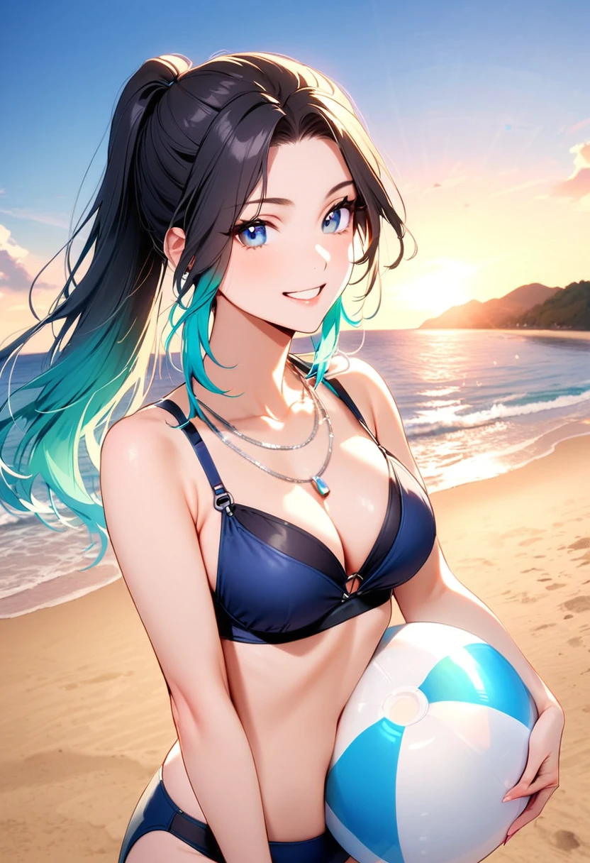A woman, 21-years-old, solo, Caucasian, black hair, cyan hair, gradient hair, multicolored hair, ponytail, two-tone hair, blue eyes, cheerful smile, mature face, dark blue bikini top, dark blue bikini bottom, midriff, holding a beachball, beach, thin silver necklace, white bracelet