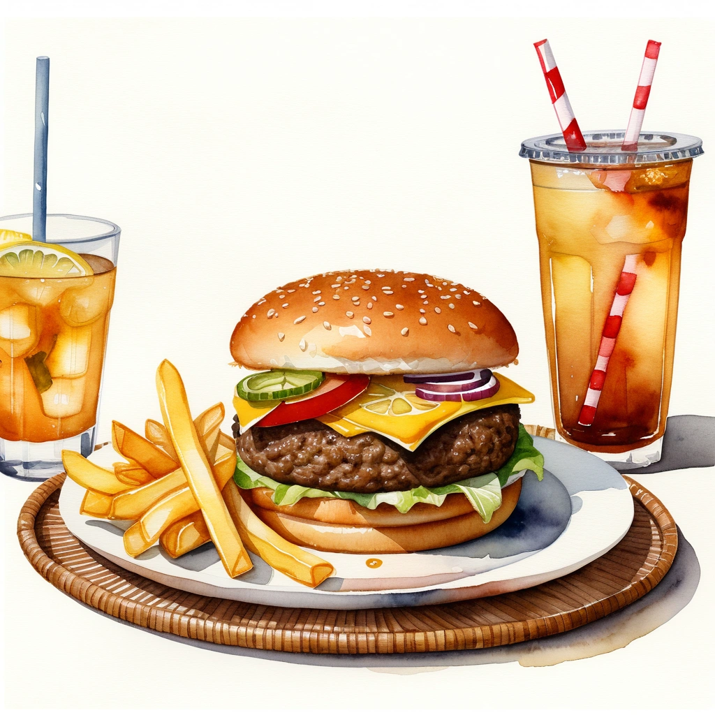there is rattan plate with big and tall delicious hamburger with cheese, a lot of french fries, and one regular size glass of ice lemon tea with a straw, (watercolor), illustration, isolated with solid white background, surrounded with negative space, centered compositon, 8k, highly detailed painting, very precise painting