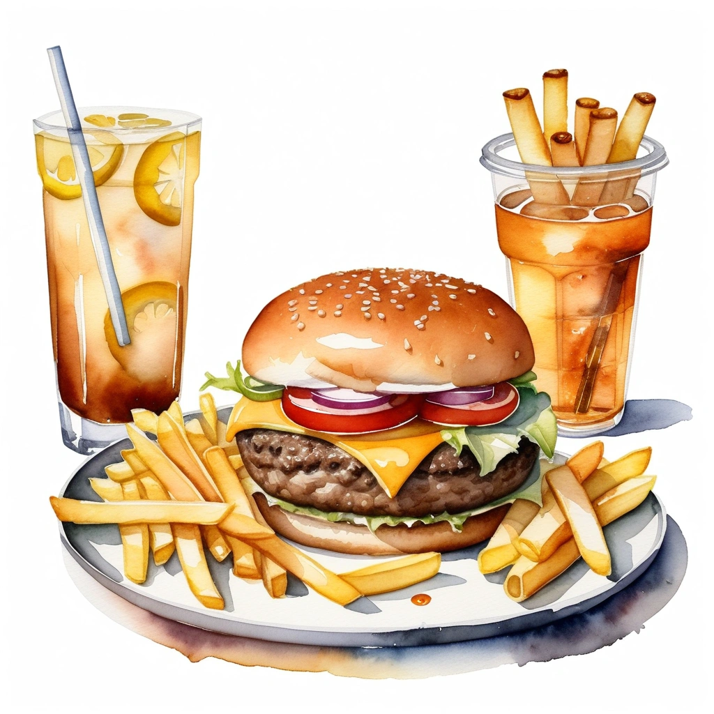 there is rattan plate with big and tall delicious hamburger with cheese, a lot of french fries, and one regular size glass of ice lemon tea with a straw, (watercolor), illustration, isolated with solid white background, surrounded with negative space, centered compositon, 8k, highly detailed painting, very precise painting