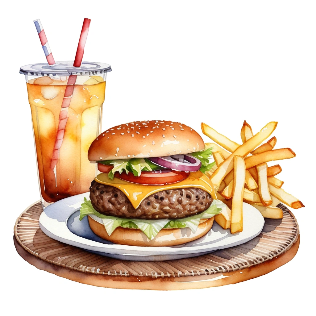 there is rattan plate with big and tall delicious hamburger with cheese, a lot of french fries, and one regular size glass of ice lemon tea with a straw, (watercolor), illustration, isolated with solid white background, surrounded with negative space, centered compositon, 8k, highly detailed painting, very precise painting
