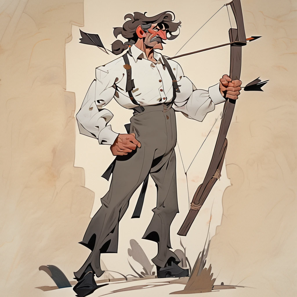 1man, Old West, Oil paint, black and white, cartoon, Brown wavy hair, big hair, strong Body, white dress shirt with, black suspender, faded black pants patched, Beret, thin big mustache, cheek spot, Arrogant, young adult, Muscular, full body, Holding a bow and arrow,  Hristofor Žefarović style
