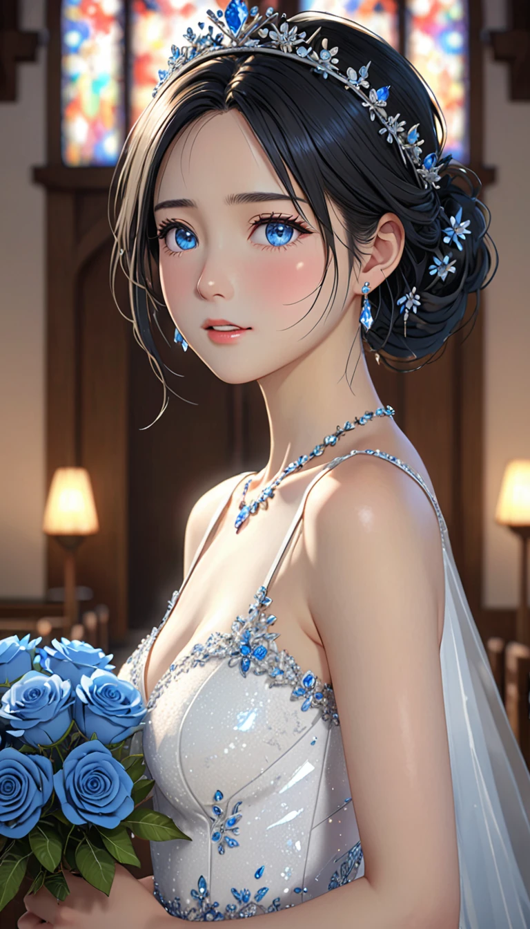 National Science Foundation,masterpiece,High resolution,8K,16k,Art,digit,Three-dimensional,Kyoto Animation Style,your name movie style,UHD,high details,highres,high quality,best quality,super detail,textured skin,accurate,anatomically correct,award winning,Facing the camera,(((medium shot: 1.3))),(((from front))),(((from right in front of face and body: 1.5))),Soft Light,Glowing skin,(1 female: 1.3),(alone: 1.4),(((Black hair))),(Gorgeous,sparkling wedding dress),Swarovski crystals on gorgeous wedding dress,crystal crown,crystal necklace,crystal earrings,(pale blue eyes),Long eyelashes,slender legs,medium Bob,Bouquet of blue roses in hand,,In the quaint church,Starry eyes,Blushed,shy,shy,open mouth,