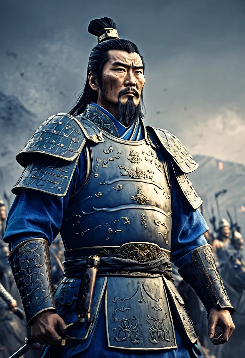 Amidst the chaos of battle, Cao Cao stands tall, observing the battlefield with a calculating gaze.