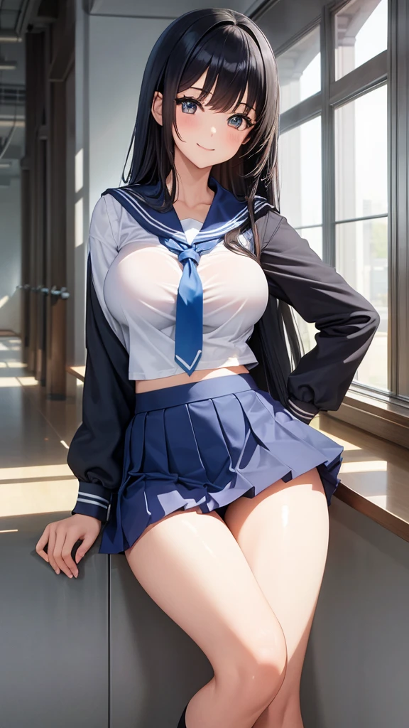 photo of sexy 1girl, tall,leggy,smile,standing in neat rows, in the school gymnasium, wearing white (basic school sailor uniform), long sleeve, blue sailor collar, shiny blue tie pleated blue_mini_skirt, beautiful eyes, shiny black hair,navy short socks, full body shot, closeup shot, from front, from below, dutch angle shot, wide view,