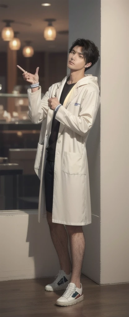 (photorealistic:1.2), (high detail face:1.3), (high detail hands:1.3), (anatomically correct hands:1.2), handsome young asian man, Japanese idol style, short clean-cut hair, ((center part)), white lab coat, black hoodie underneath, calm confident expression, (holding a product in right hand:1.3), (pointing with left index finger:1.3), explaining pose, plain white background, mid-shot portrait, high quality, detailed, 8K, (realistic skin texture:1.2), (sharp focus:1.1)