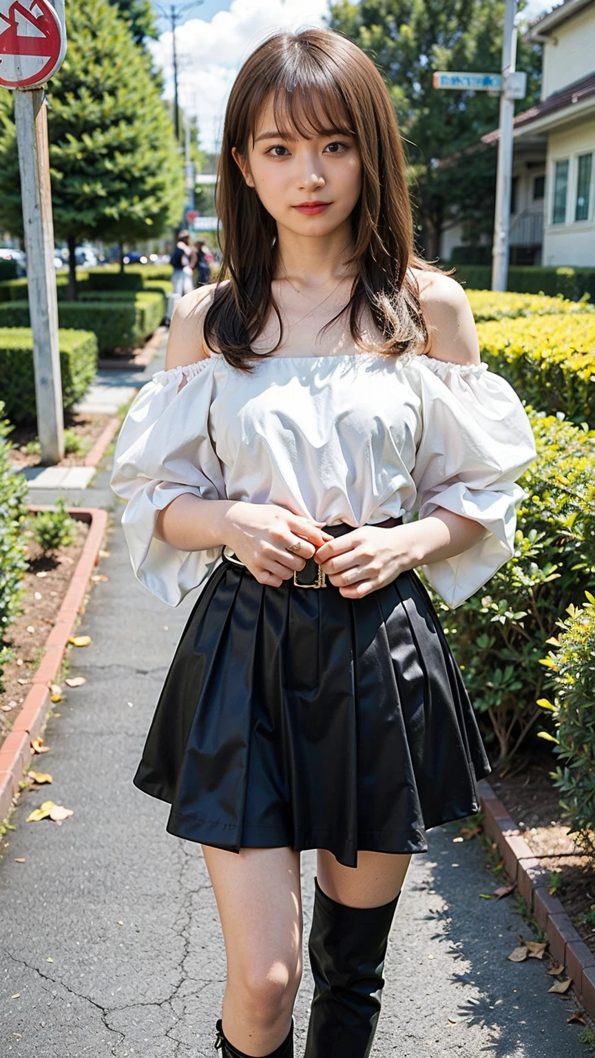 (8K、RAW Photos、Highest quality、masterpiece:1.2)、(Highest quality、Realistic)、1 Girl、((Frills、See-through、Off the shoulder、tights、pink and black mini skirt、Thin legs、whole body、boots、garden、View from the front、Looking into the camera、belt、Stand with hands on hips))、cute