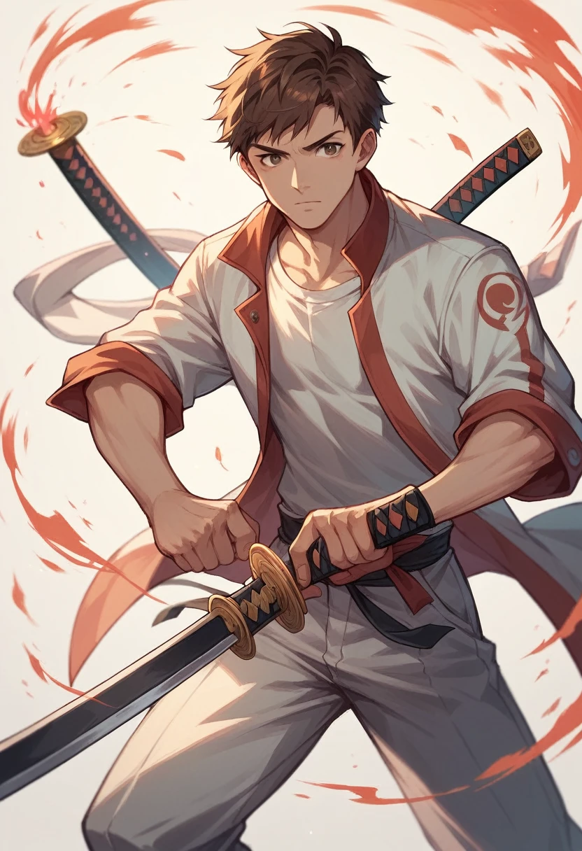 Man, teenager, brown eyes, brown hair, short hair, , white clothes, holding a katana sword, magic, sorcerer, magic world, high tech world