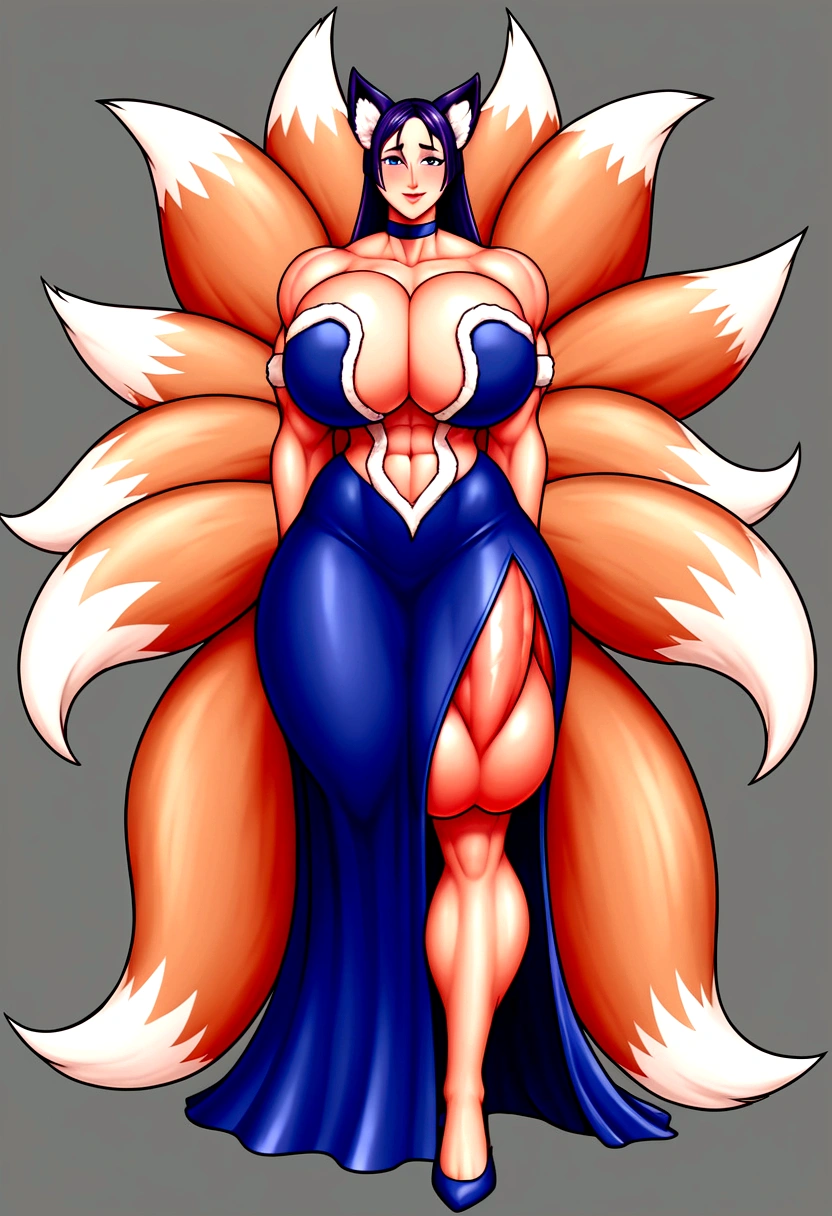 (masterpiece, best quality), best resolution, (9tails:1.5), 1girl, Raikou, felicia outfit, gigantic muscular body, fluffy fox tails, big breasts, gigantic penis with big balls, full body.