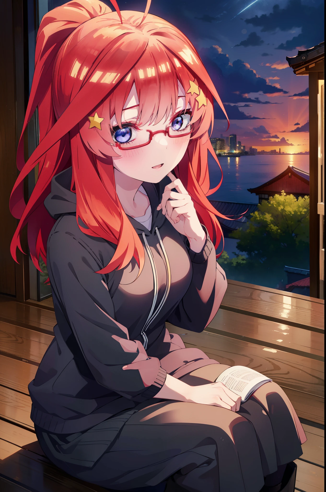 itsukinakano, itsuki nakano, bangs, blue eyes, Hair between the eyes, Ahoge, Redhead, star \(symbol\), hair ornaments, star hair ornaments,smile,blush,Open your mouth,ponytail,Red-rimmed glasses,Oversized red hoodie,Long skirt,Black pantyhose,boots,Hiding in a roofed building,Sitting on the steps of a roofed building,rain,night,cloudy,whole bodyがイラストに入るように,
break indoors, Alley,
break looking at viewer, whole body,
break (masterpiece:1.2), Highest quality, High resolution, unity 8k wallpaper, (figure:0.8), (Beautiful attention to detail:1.6), Highly detailed face, Perfect lighting, Highly detailed CG, (Perfect hands, Perfect Anatomy),
