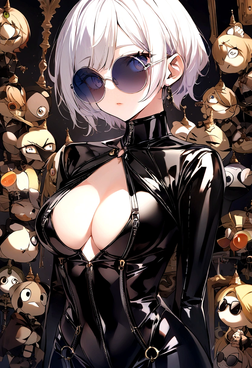 score_9, score_8_up, score_7_up,score_6_up, score_5_up,1girl, looking at the viewer,round sunglasses, white short hair, leather bodysuit
