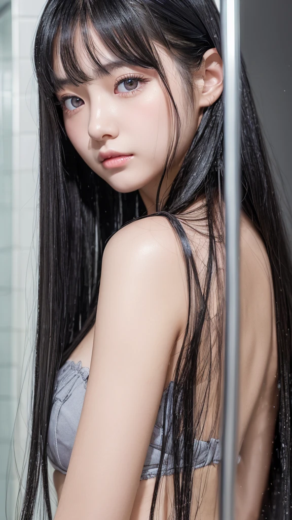(High resolution:1.3), Japanese, (One Girl), Beautiful Face, (Black-haired、Long Hair:1.4), Beautiful Hairstyles, (bluish gray eyes:1.2), Realistic eyes, Beautiful and detailed eyes, (White skin:1.2), Beautiful skins, Highly detailed cute girl,(18-year-old), shower、naked