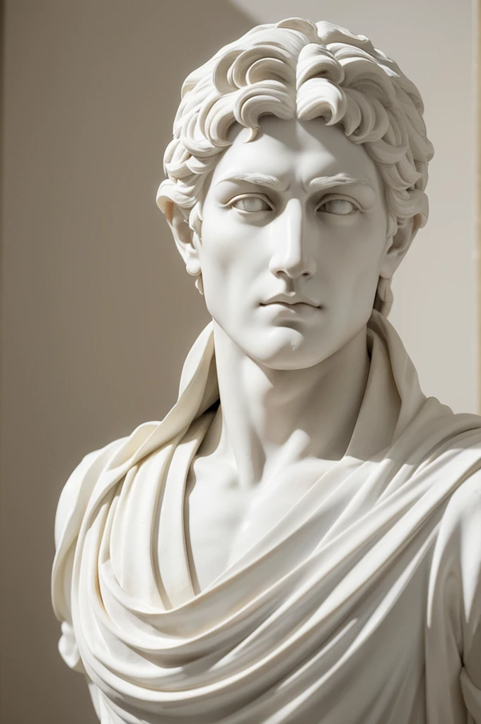 a stoic man sculpted in white marble stoic and detailed face espiritual peaceful highly detail jawline
