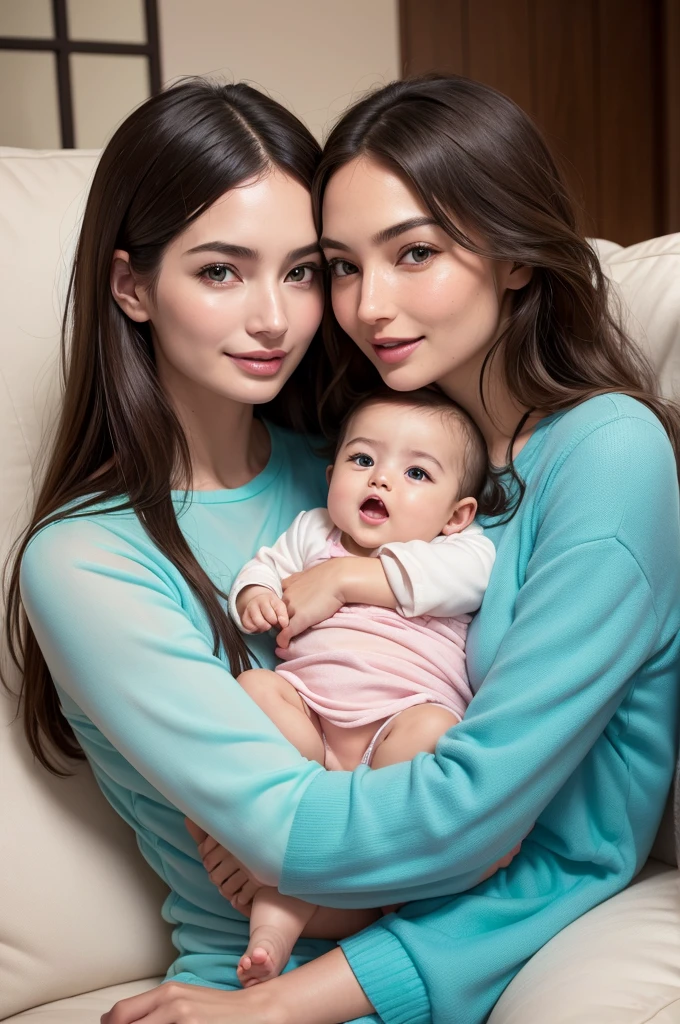 vista, long distance image, Lily Aldridge, light green eyes, long dark brown hair, straight 1c, shiny skin, nasal congestion, bright mouth, arched eyebrow, detailed face, textured skin, couples, glass skin, shiny skin con adición de limpieza aceite de maquillaje, dressed in a blue long-sleeved blouse, sentada en el sofá laughing, holding your hug, lying on his lap, baby, Four months, beautiful appearance, Nuno Gallego, ultra light blonde hair, straight, pink and chubby cheeks, blue eyes, wearing dinosaur pajamas, laughing