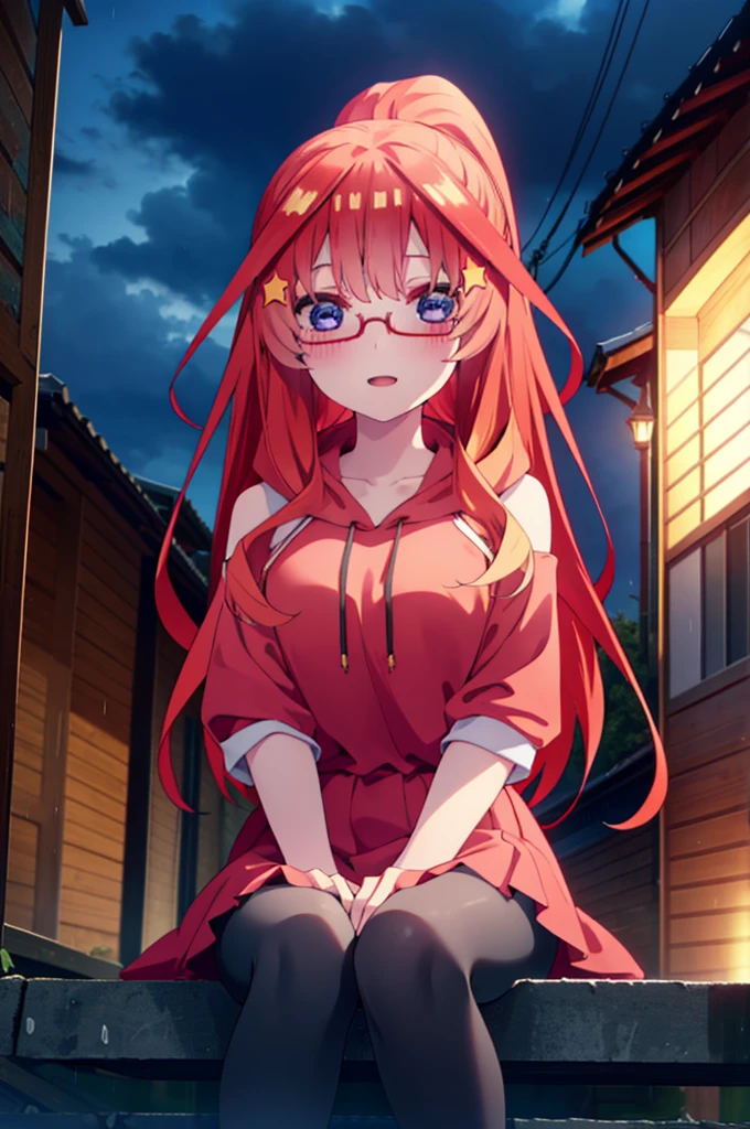 itsukinakano, itsuki nakano, bangs, blue eyes, Hair between the eyes, Ahoge, Redhead, star \(symbol\), hair ornaments, star hair ornaments,smile,blush,Open your mouth,ponytail,Red-rimmed glasses,Oversized red hoodie,Long skirt,Black pantyhose,boots,Hiding in a roofed building,Sitting on the steps of a roofed building,rain,night,cloudy,whole bodyがイラストに入るように,
break indoors, Alley,
break looking at viewer, whole body,
break (masterpiece:1.2), Highest quality, High resolution, unity 8k wallpaper, (figure:0.8), (Beautiful attention to detail:1.6), Highly detailed face, Perfect lighting, Highly detailed CG, (Perfect hands, Perfect Anatomy),