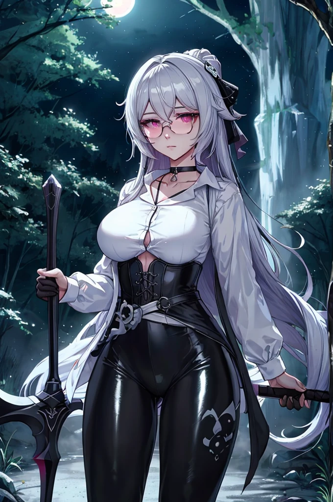 Masterpiece, Beautiful art, professional artist, 8k, art style by sciamano240, detailed body, Very detailed face, very detailed eyes, Detailed clothing, detailed fabric, Best Quality, better resolution, 1 girl, bronya zaychik \(Honkai Impact 3rd\), front view, standing, big breasts, serious expression, At night , long silver hair, glasses, choker:1.6, (white long sleeve button down shirt with white collar), (shiny black corset), black gloves that cover your hands, holding an ax with his hand, (shiny black leggings), looking at the viewer, dark forest, Atmosphere, fog, At night