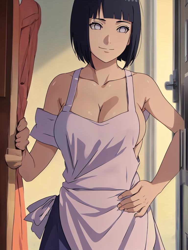 (hinata\(boruto\), (sfw, high quality, anime, cowboy shot, white apron only, off-shoulders, little biceps, super detailed body, smile), (medium-big breasts, cleavage), closed mouth), pale skin, ((floating hair, dark blue, short hair, hime cut، loose hair), bedroom,