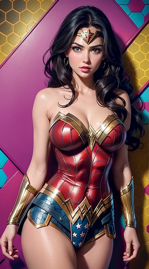 Wonder Woman (big tits) in the style of Spider-Man, masterpiece, best quality, abstract, psychedelic, neon, (honeycomb pattern), (creative:1.3), sy3, SMM, fantasy00d