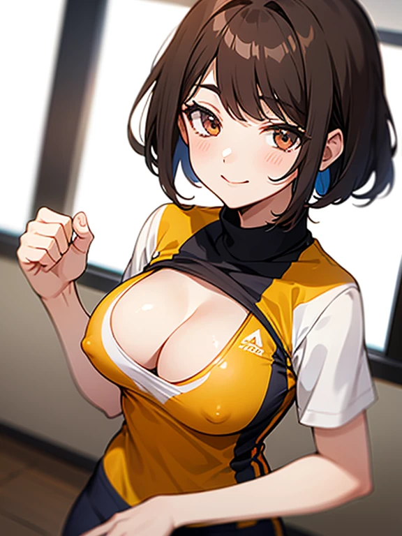 (Highest quality, 8K, 32k, masterpiece, Ultra-high resolution: 1.2), 1 Girl, Beautiful Japanese Woman,Close-up of chest, errect nipples,thinウエスト, 魅力的なoffice Lady, Volleyball Uniforms,office, Standing fist pump, Beautiful Face, Brown Hair, Bob Hair, Saggy eyes, Slender figure,Cleavage, thin, whole body, Detailed expression down to the fingertips,Sexy thighs, One Woman, alone, A charming smile,