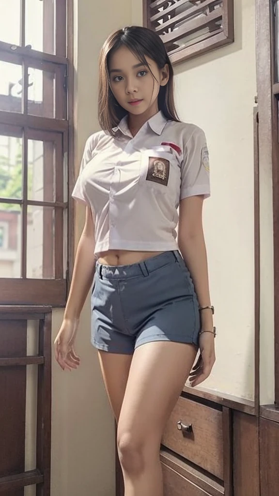 (pp clothes), (realistic), ((8k)), (masterpiece), ultra realistic, wearing brown tight short pants, big breast, fit body, tight thighs, standing, open legs, view to front, view to camera, wearing tight short pants, Indonesian face, wearing uniform shirt, bedroom situation, view from front.