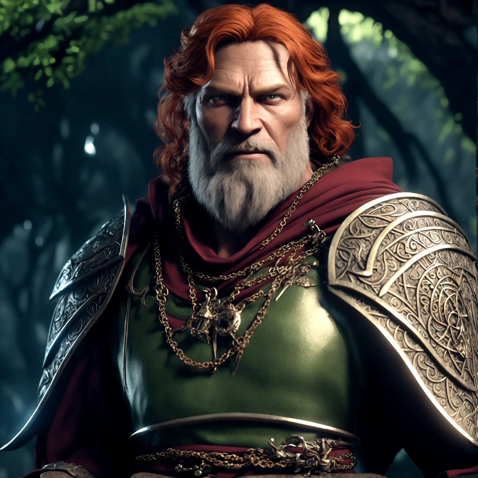 Strong and robust man, medium red hair, green eyes, chain mail, green earrings, sun amulet, cleric's robe, calm expression, relaxed pose, centralized character, "Design inspired by the fantasy world of D&D, with dramatic and impressive lighting, full of creative details. Ultra-fine 3D design, presenting magical and intricate scenery, incredible scenery. Boasting clarity of Animation resolution, HD graphics, high-quality rendering, high-octane rendering"