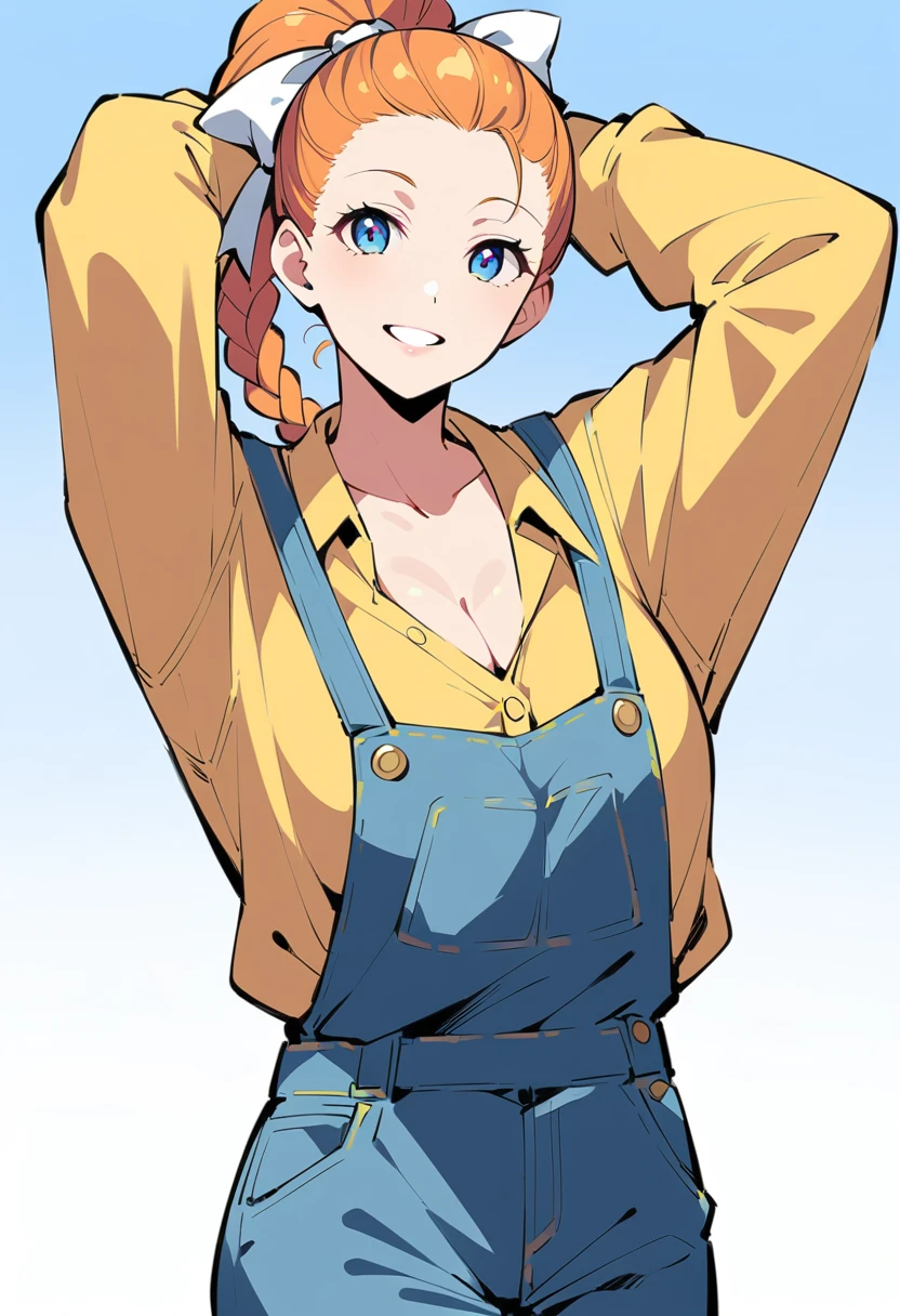 pewarnaan character, visual illustration, @ANN, 1girl, solo, overalls, white background, blue overalls, smile, blue eyes, simple background, looking at viewer, breasts, arms up, long sleeves, yellow shirt, orange hair, cowboy shot, collarbone, collared shirt, cleavage, denim, hair pulled back, grin, blonde hair, long hair, medium breasts, forehead, standing, arms behind head, ponytail, braided ponytail, single braid, teeth, oversized clothes, medium hair, short hair, partially unbuttoned, pants, buttons, head tilt, parted lips, large breasts, hair ribbon, white bow, tomboy, plaid shirt, long braid, ann \(harvest moon\), ran \(bokujou monogatari\)