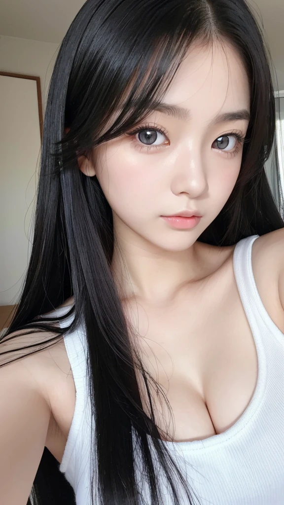(High resolution:1.3), Japanese, (One Girl), Beautiful Face, (Black-haired、Long Hair:1.4), Beautiful Hairstyles, (bluish gray eyes), Realistic eyes, Beautiful and detailed eyes, (White skin:1.2), Beautiful skins, Highly detailed cute girl,(18-year-old), Selfie、Bedroom