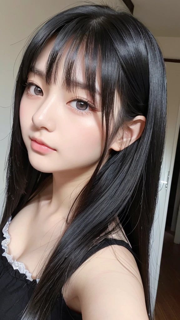 (High resolution:1.3), Japanese, (One Girl), Beautiful Face, (Black-haired、Long Hair:1.4), Beautiful Hairstyles, (bluish gray eyes), Realistic eyes, Beautiful and detailed eyes, (White skin:1.2), Beautiful skins, Highly detailed cute girl,(18-year-old), Selfie、Bedroom