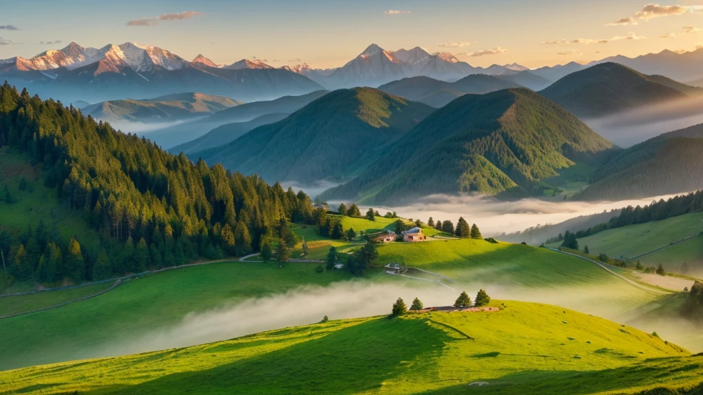 A tranquil mountain landscape with rolling green hills and majestic peaks. The early morning light casts a soft glow over the scenery, with a light mist gently rising from the valleys. The air is crisp and clear, providing a serene backdrop for relaxation and deep breathing