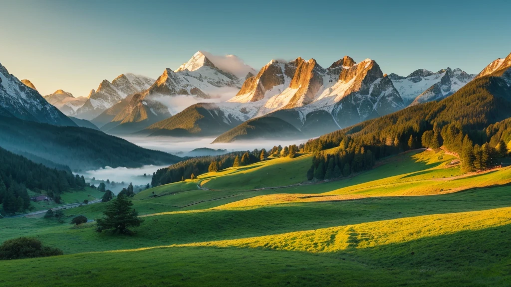 A tranquil mountain landscape with rolling green hills and majestic peaks. The early morning light casts a soft glow over the scenery, with a light mist gently rising from the valleys. The air is crisp and clear, providing a serene backdrop for relaxation and deep breathing