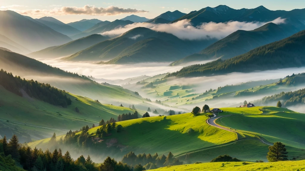 A tranquil mountain landscape with rolling green hills and majestic peaks. The early morning light casts a soft glow over the scenery, with a light mist gently rising from the valleys. The air is crisp and clear, providing a serene backdrop for relaxation and deep breathing