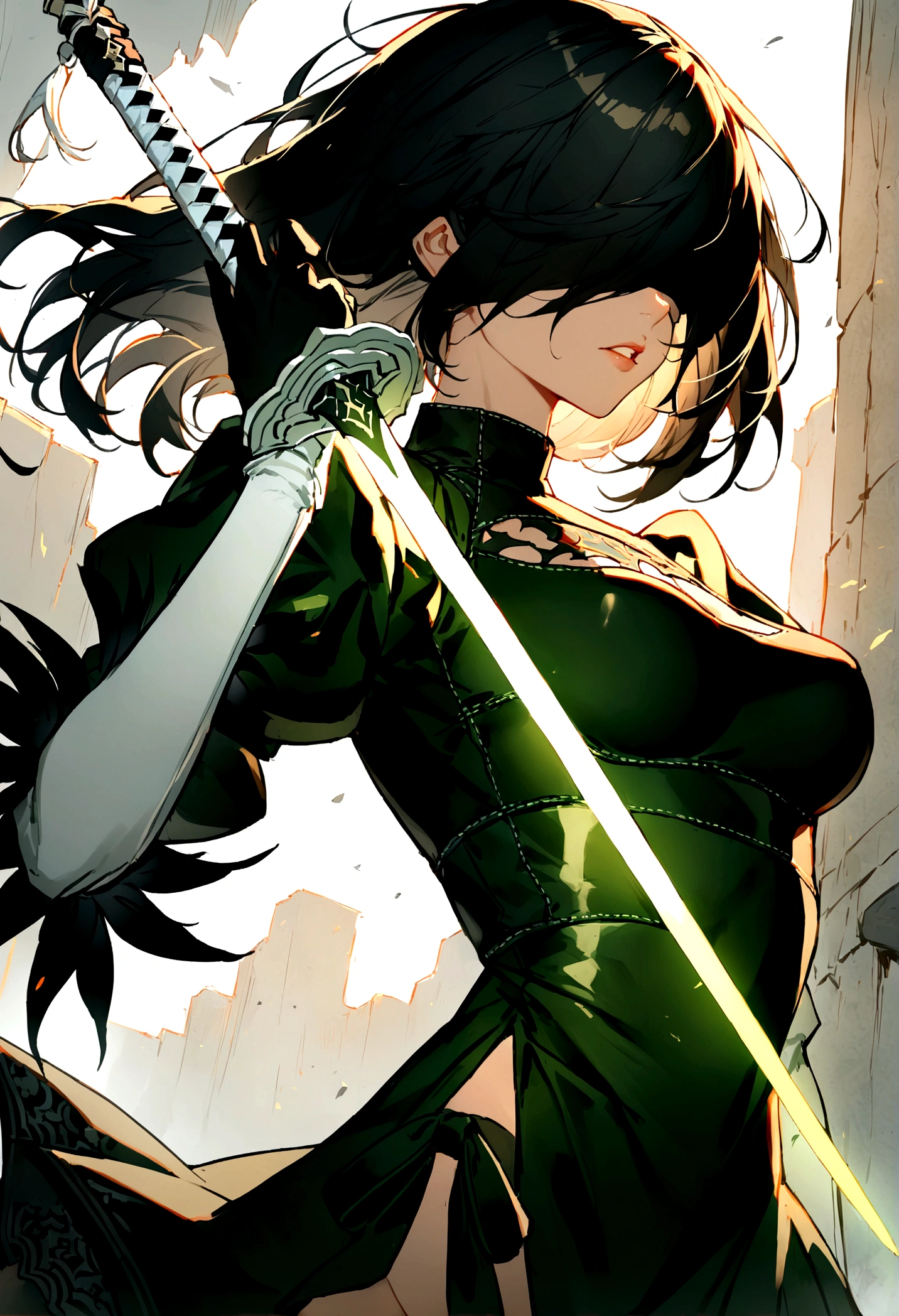 2b \(nier:automata\),medium breasts,hand in hair,parted lips,covered eyes,, zPDXLanime, 1other, solo, armor, black hair, breastplate, faulds, floating hair, glowing, glowing sword, glowing weapon, green armor, hair over eyes, pauldrons, shoulder armor, sword, teeth, weapon, wind, wind lift, yellow eyes, cloak, masterpiece, best quality