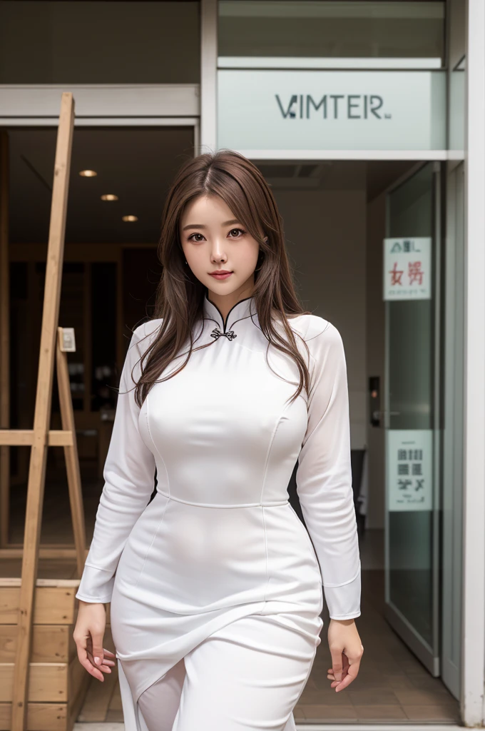8K,high quality,high resolution,(tall),Plump,(Beautiful woman),(Brown Hair),(summer),(Cityscape),(白いアオザイ:1.3),(White ao dai:1.3),(),(),(),(),(),(),,