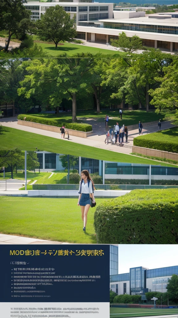 **background**：Modern University Campus、The landscape of online classes and hybrid learning  
   **woman**：Long Hair、カジュアルな学生スタイルを着たwomanが、Taking classes on a tablet