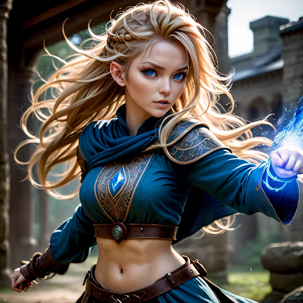 (1 female:1.5), solo, wearing gambeson, ((rune tattoos)), ((Face tribel-tattoos)), fullbody-image, attacking viewer with fists, detailed elf druid girl,  slim body, (smirk:1.1), (nose blush:1.1), (big blue eyes:1.1), (blond hair:1.1), beautiful detailed face, messy hair, (hairstyle:sitecut), cinematic lighting, shot on canon 5d, Greg Rutkowski, Yoji Shinkawa:0.6,