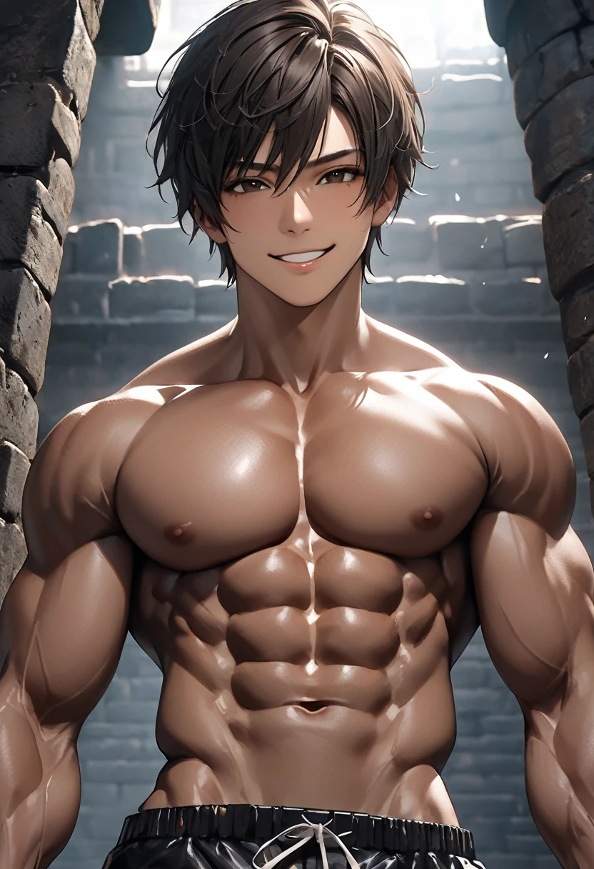 high quality, detailed, Realistic, (24 years old japanese idol body builder boy), (detailed black eyes), (black short hair), (abs:1.4), (dark brown skin:1.5), dungeon, (black tiny thong), (bulge), (detailed nipples), detailed areola,best quality,4k,8k,highres,masterpiece:1.2),ultra-detailed,smirk,face close up
